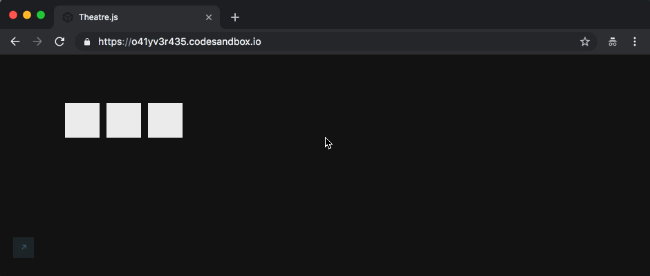 Video showing a browser window containing three white square-shaped html divs falling from the middle of the screen, and bouncing back up, animated with the help of Theatre.js